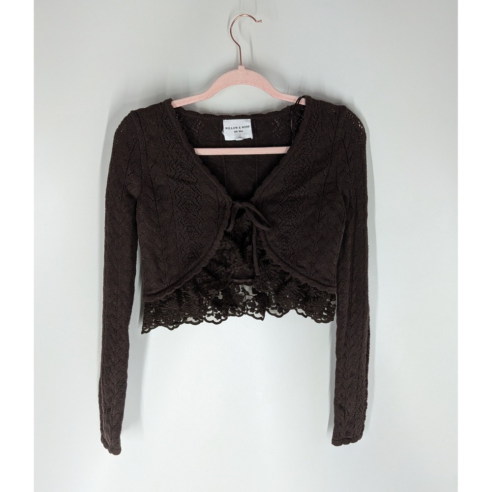 Willow & Wind Brown Pointelle Knit Lace Trim Tie Front Cropped Cardigan XS